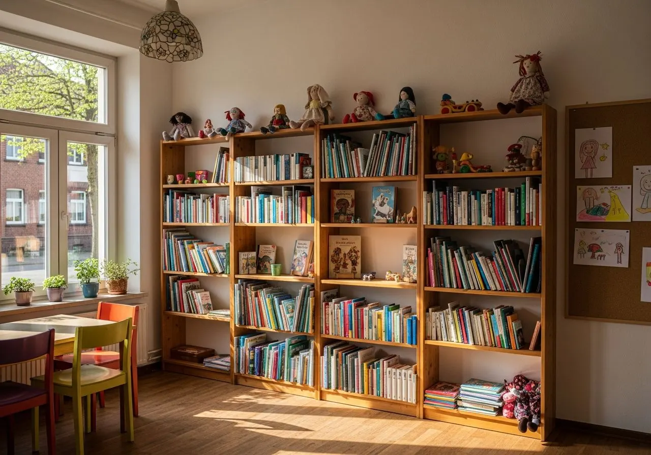 Heller Gemeinschaftsraum mit Bücherregal